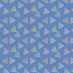 Colorful fabric triangle spirals seamless pattern on blue background.
