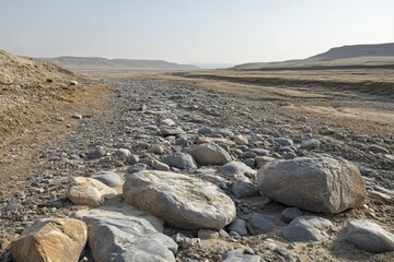 A wide, dry desert landscape featuring a rocky riverbed foreground, leading towards distant hills under a pale, expansive sky. Arid and desolate.