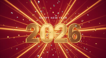 Bright and festive happy new year 2026 celebration with golden numbers, confetti, and glowing light rays on a red background