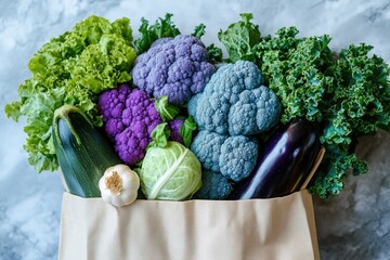 A vibrant paper bag filled with a colorful array of fresh vegetables: purple and blue cauliflower, zucchini, eggplant, garlic, and leafy greens.