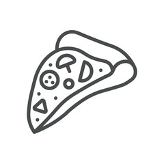 Pizza Slice with Curved Crust Icon. Simple Line Illustration of Single Pizza Slice with Toppings and Folded Crust, Representing Classic Snack, Fast Food and Delicious Serving.
