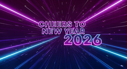 Cheers to new year 2026 celebration with neon lights and digital tunnel background, perfect for festive greetings and futuristic themes