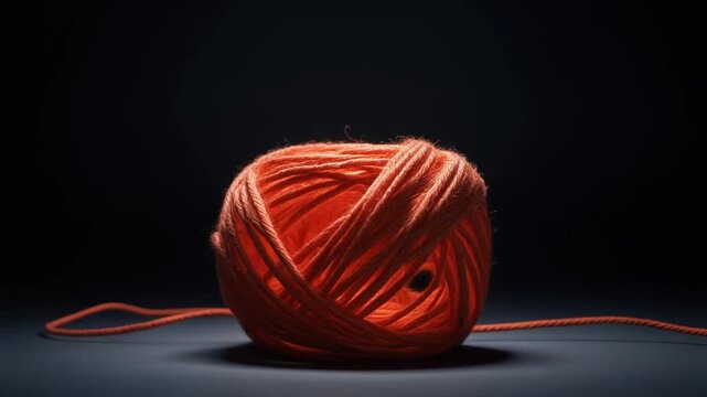 A vibrant orange ball of yarn, tightly wound, casts shadows against a dark background