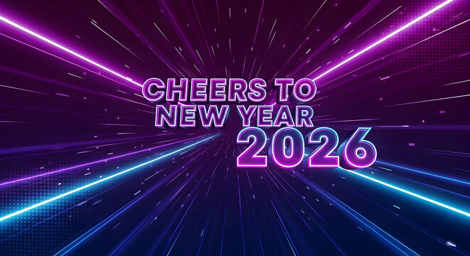 Cheers to new year 2026 celebration with neon lights and digital tunnel background, perfect for festive greetings and futuristic themes - Powered by Adobe