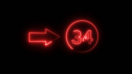 Neon counting 34 number. Neon countdown number illustration.  Counting number with arrow symbol.