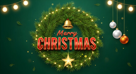 A festive christmas wreath with a golden bell and ornaments, illuminated by string lights against a dark green background, creating a warm holiday atmosphere