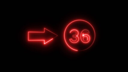 Neon counting 36 number. Neon countdown number illustration.  Counting number with arrow symbol.
