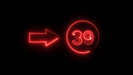 Neon counting 39 number. Neon countdown number illustration.  Counting number with arrow symbol.