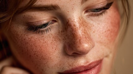 Obraz premium Close-Up Portrait of a Young Woman with Freckles Showcasing Natural Beauty and Soft Expressions in Warm Lighting