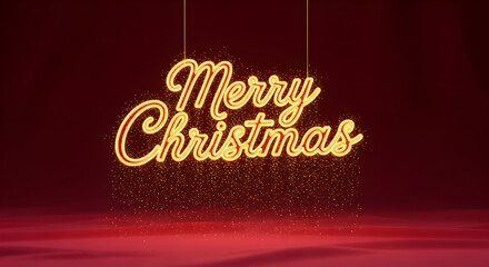 A shimmering golden merry christmas message hangs gracefully against a deep red backdrop, exuding festive warmth and holiday cheer, perfect for seasonal greetings