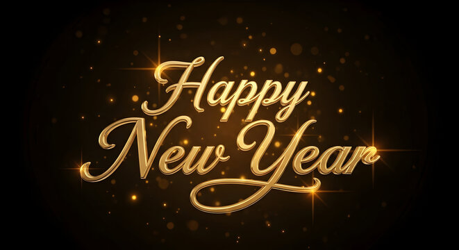 Golden happy new year text effect on black background, festive greeting card design with shiny typography and bokeh lights, holiday celebration