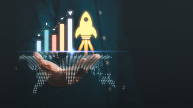 A growth chart and rocket icon rising above a digital world map, symbolizing business expansion, startup innovation, global success, financial growth, technology progress, and strategic development.