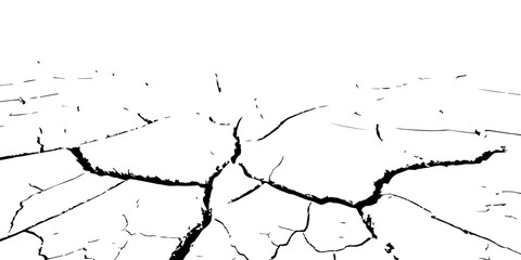 High-contrast cracked earth texture in black and white, showing deep fractures and dried soil patterns. Perfect for backgrounds, drought concepts, environmental designs, and abstract graphic use.