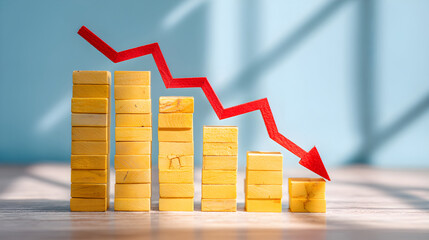 Wooden blocks and red arrow showing financial decline