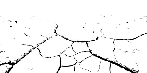 High-contrast cracked earth texture in black and white, showing deep fractures and dried soil patterns. Perfect for backgrounds, drought concepts, environmental designs, and abstract graphic use.