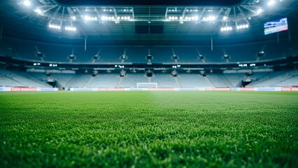 Vibrant green grass field in a large stadium under bright lights