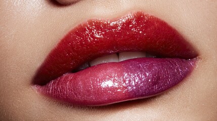 Close-Up of Glamorous Lips with Bold Ombre Lip Color and Shiny Gloss Finish