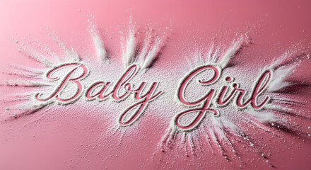 Baby girl text design with white powder explosion on pink background, perfect for baby shower invitations and announcements, a sweet and delicate touch