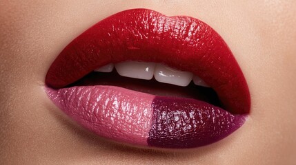 Fototapeta premium Close-Up of Two-Tone Lip Makeup with Red and Purple Shades on Full Lips