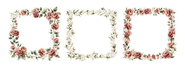 Rose flowers frames set. Dusty pink garden flowers rectangular arrangements. Watercolor hand painted floral isolated illustration for wedding design greeting card invitation cosmetic package label