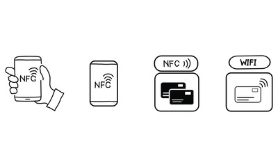 Hand Drawn NFC and WiFi Payment Icons &ndash; Contactless Technology and Mobile Transaction Symbols