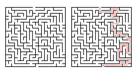 Abstract geometric labyrinth with red neon lines on a black background. Modern maze design ideal for tech themes, digital graphics, puzzles, and futuristic concepts.