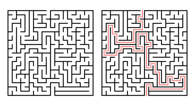 Abstract geometric labyrinth with red neon lines on a black background. Modern maze design ideal for tech themes, digital graphics, puzzles, and futuristic concepts.