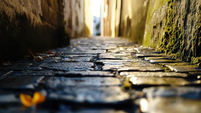 A classic European-style cobblestone street in a narrow alleyway, ideal for historic or vintage-themed projects