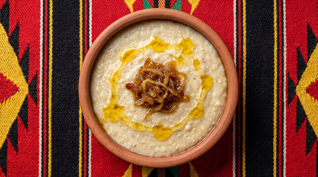 Top view of traditional Saudi Jareesh dish with caramelized onions and ghee in clay bowl on red Sadu background