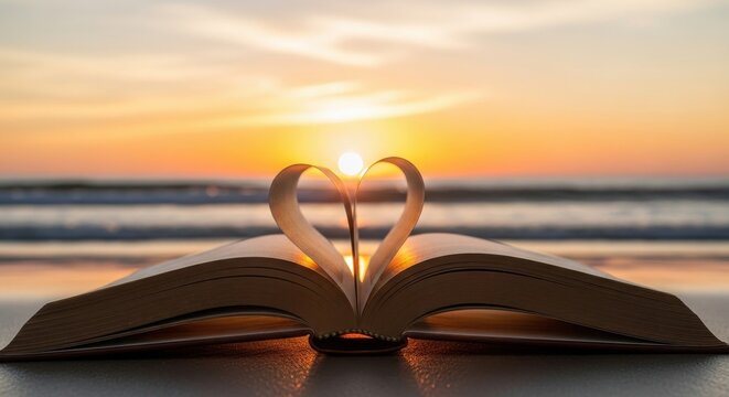 Open book with heart pages on beach sunset