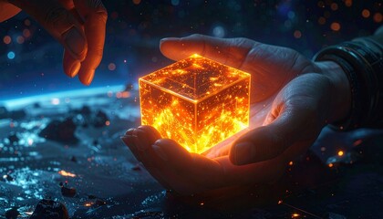 Hand holds glowing orange cube in space—ritual of cosmic power and translucent mystery, where swirling light and starry void choreograph the emotional architecture of control, origin, and galactic int