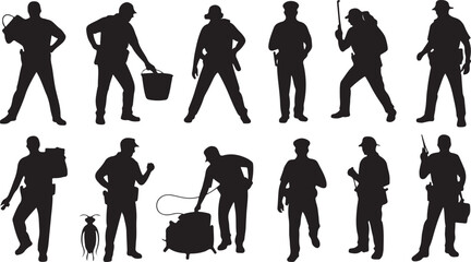 Pest control service workers in silhouettes various poses and equipment