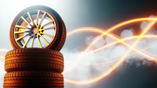 Dynamic car tires stack with vibrant light trails symbolizing speed and performance, ready for action. 4k high quality footage