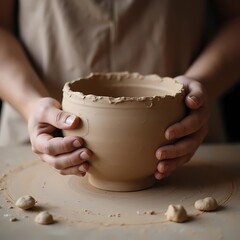Hands shaping a clay bowl during pottery class in studio  
