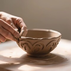 Potter shaping decorative clay bowl on spinning pottery wheel  