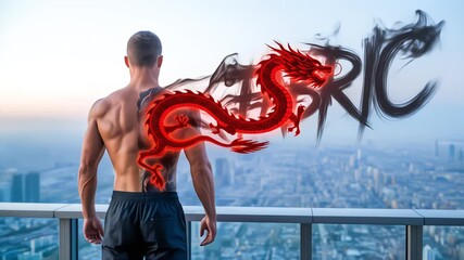 Rear view of muscular man on city rooftop with animated dragon tattoo transforming into glowing red spirit - Powered by Adobe