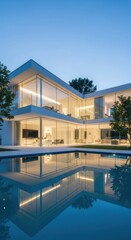 Fototapeta premium Modern luxury home with swimming pool at dusk