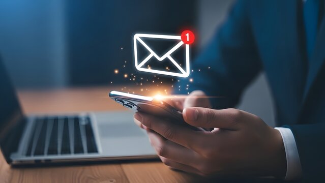 Checking email on smartphone with new message notification and laptop in background