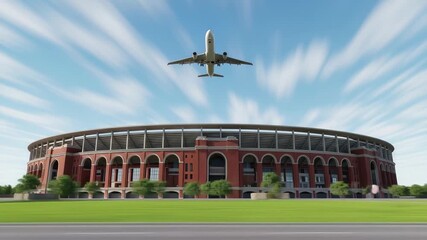 Airplane soaring over grand stadium, capturing dynamic travel and event excitement 4k high quality footage