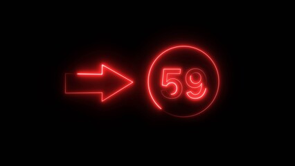Neon counting 59 number. Neon countdown number illustration.  Counting number with arrow symbol.