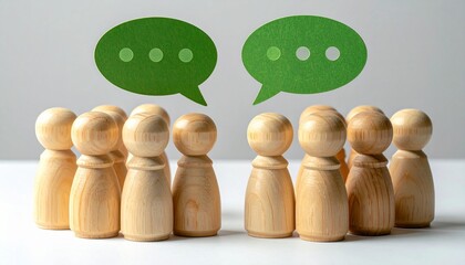 Wooden figures gather beneath speech bubbles—ritual of communal voice and symbolic exchange, where grouped bodies and green dots choreograph the emotional architecture of dialogue, belonging, and shar