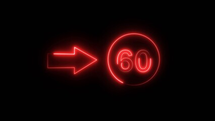 Neon counting 60 number. Neon countdown number illustration.  Counting number with arrow symbol.