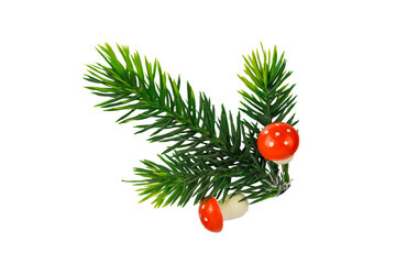 green pine or fir tree branch decorated with two small red and white toadstool mushrooms isolated on a clean white background concept of holiday decoration, winter nature, christmas retail