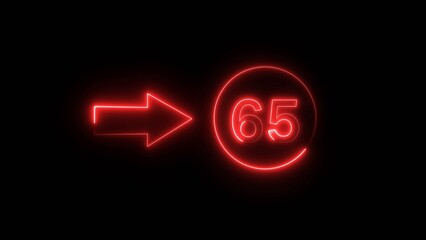 Neon counting 65 number. Neon countdown number illustration.  Counting number with arrow symbol.