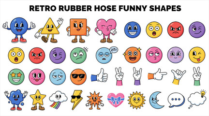 Big set of retro rubber hose cartoon characters, funny mascots, and expressive emoji faces collection.