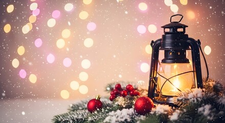 christmas lantern with candle and snow