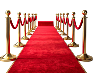 Red Carpet Entrance with Golden Stanchions Isolated on Transparent Background