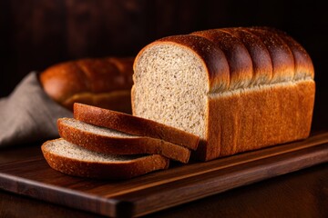 Freshly baked whole grain bread loaf sliced on a wooden board with a rustic background