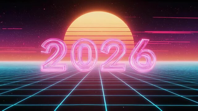 Retro 2026 Neon Grid Sunset Futuristic New Year Celebration.