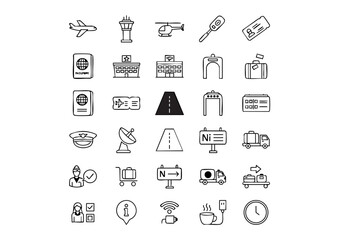 Global Travel Essentials: 25 Airport and Aviation Vector Icons, Black and White Flight Path: Modern Airport Line Icons, Terminal Transit: Comprehensive 25 Icon Set for Air Travel
